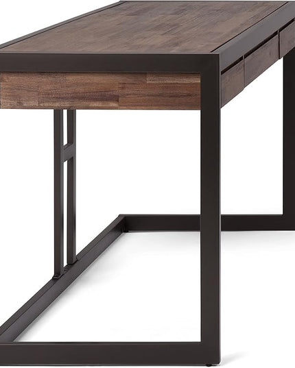 SIMPLIHOME Erina SOLID ACACIA WOOD Industrial 60 Inch Wide Writing Office Desk in Rustic Natural Aged Brown, For the Workstation and Study Table - LeafyLoom