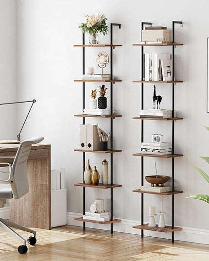 HOOBRO DIY Ladder Shelf, 6-Tier Wooden Wall Mounted Bookshelf, Narrow Bookcase, Display Shelf, Storage Rack, Plant Stand, for Living Room, Bedroom, Study, Balcony, Rustic Brown and Black BF651CJ01 - LeafyLoom