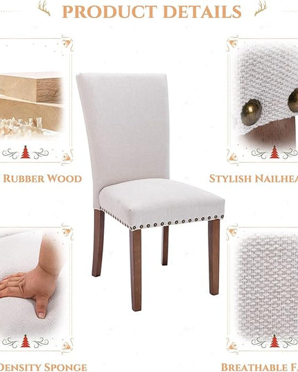 Parsons Dining Chairs Set of 2, Upholstered Nailhead Dining Room Kitchen Side Chair with Thick Cushions and Wood Legs, Beige - LeafyLoom
