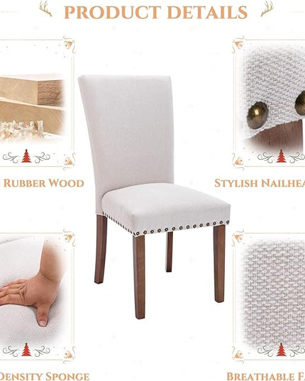 Parsons Dining Chairs Set of 6, Upholstered Nailhead Dining Room Kitchen Side Chair with Thick Cushions and Wood Legs, Beige - LeafyLoom