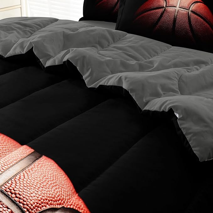 Teenage Boy Bedding Sets Full Size 5 Pieces Basketball Comforter Set for Boys Bed in a Bag Set, Basketball Bedding Full, Red Black - LeafyLoom