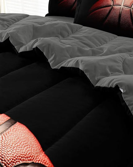 Teenage Boy Bedding Sets Twin 4 Pieces Basketball Comforter Set for Boys Twin Size Bed in a Bag Set, Basketball Bedding Twin, Red Black - LeafyLoom