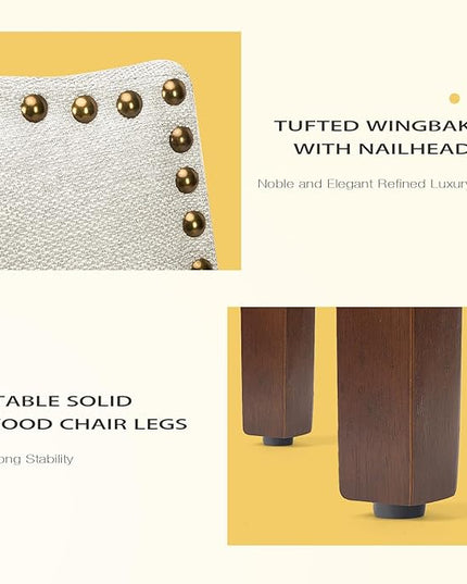 MCQ Upholstered Dining Chairs Set of 4, Modern Upholstered Fabric Dining Room Chair with Nailhead Trim and Wood Legs, Mid-Century Accent Dinner Chair for Living Room, Kitchen, Beige - LeafyLoom