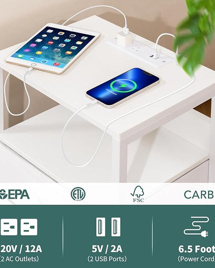 Yoobure Nightstand with Charging Station, LED Night Stand with Fabric Drawers and Storage Shelf for Bedroom, Nightstands Bedside Tables with USB Ports & Outlets, Small Night Stands, Bed Side Table - LeafyLoom