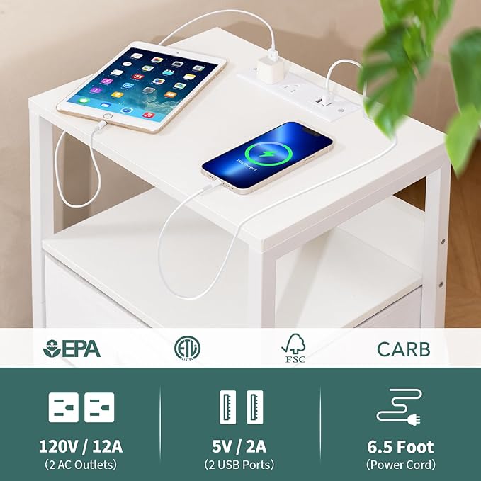 Yoobure Nightstand with Charging Station, Small Night Stand with Fabric Drawers and Storage Shelf for Bedrooms, Nightstands for Small Spaces, Bedside Table with USB Ports & Outlets, Bed Side Table - LeafyLoom