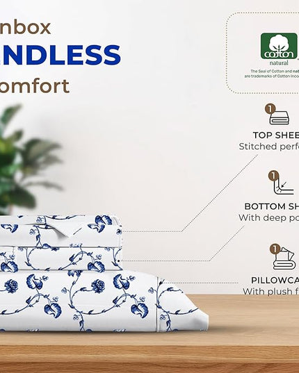 THREAD SPREAD 100% Egyptian Cotton Printed Bed Sheets - 600 Thread Count 3 PC Twin Sheet Set, Hotel Luxury Sateen Bedsheets, 16" Deep Pocket Soft Cooling Sheets for Twin Size Bed - Floral Blue - LeafyLoom
