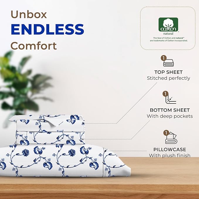 THREAD SPREAD 100% Egyptian Cotton Printed Bed Sheets - 600 Thread Count 3 PC Twin Sheet Set, Hotel Luxury Sateen Bedsheets, 16" Deep Pocket Soft Cooling Sheets for Twin Size Bed - Floral Blue - LeafyLoom