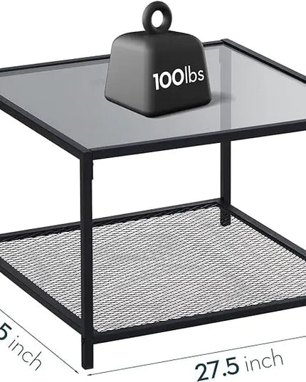 SAYGOER Coffee Table with Storage Modern Glass Coffee Tables Square Industrial Simple Center Table for Living Room Home Office Small Space 27.6 x 27.6 x 17.7 Inches Easy Assembly Gray Black - LeafyLoom
