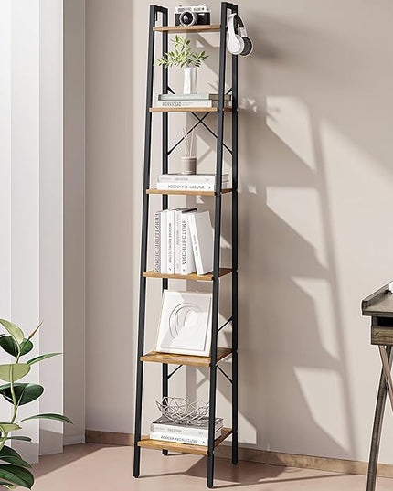 Ladder Shelf, Bookshelf Bookcase, Freestanding Corner Storage Shelve with 2 Hooks for Home Office, Living Room, Kitchen, Bedroom, Industrial, 6-Tier Rustic Brown BC13301B - LeafyLoom