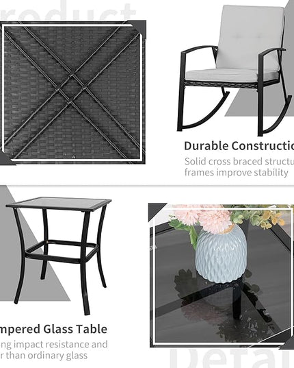 Shintenchi Outdoor 3 Piece Rocking Bistro Set, Wicker Patio Outdoor Furniture Porch Chairs Conversation Sets with Glass-Top Coffee Table for Backyard Porch Poolside Lawn, Garden,Gray - LeafyLoom