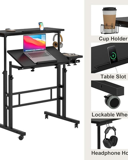 SDHYL 31.5 inches Movable Laptop Desk with Mouse Board Adjustable Height and Angle Anti-Slip Workstation Home Office Desk with Tablet Slot Portable Student Desk, Black - LeafyLoom