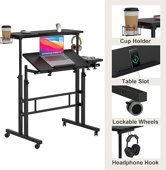 SDHYL 31.5 inches Movable Laptop Desk with Mouse Board Adjustable Height and Angle Anti-Slip Workstation Home Office Desk with Tablet Slot Portable Student Desk, Black - LeafyLoom