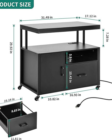 YITAHOME Wood File Cabinet with Charging Station, Rolling Filing Cabinet Cart with Door, Industrial Nightstand with Printer Shelf for Home Office, Bedroom, Living Room, Entryway, Black - LeafyLoom