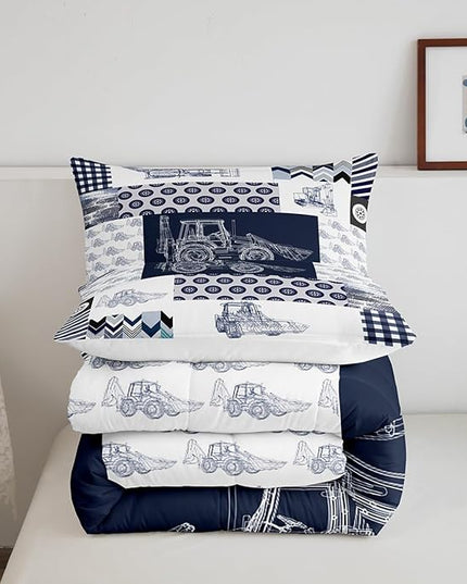 Kids Construction Comforter Set Full Size Equipment Trucks Bedding Set for Boys Cartoon Car Excavator Tractor Comforter Construction Vehicles Plaid Grid Blue and White Duvet Set - LeafyLoom