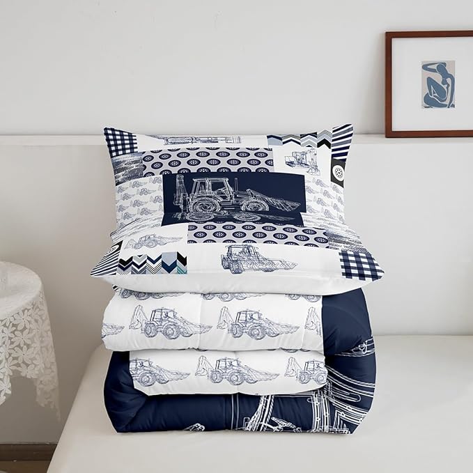 Kids Construction Comforter Set Full Size Equipment Trucks Bedding Set for Boys Cartoon Car Excavator Tractor Comforter Construction Vehicles Plaid Grid Blue and White Duvet Set - LeafyLoom