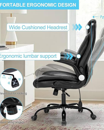 Office Chair Desk Chair High Back Computer Chair - Adjustable Lumbar Support with Flip-Up Arms PU Leather Chair with Spring Cushion - LeafyLoom
