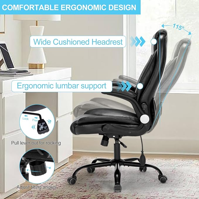 Office Chair Desk Chair High Back Computer Chair - Adjustable Lumbar Support with Flip-Up Arms PU Leather Chair with Spring Cushion - LeafyLoom