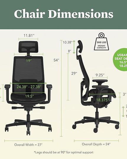 HON Ignition 2.0 Ergonomic Mesh Office Chair with Headrest - High Back Computer Desk Chair Adjustable Lumbar Support, Armrests, Seat-Depth, Synchro-Tilt Recline, 360 Swivel Rolling Wheels – Black - LeafyLoom