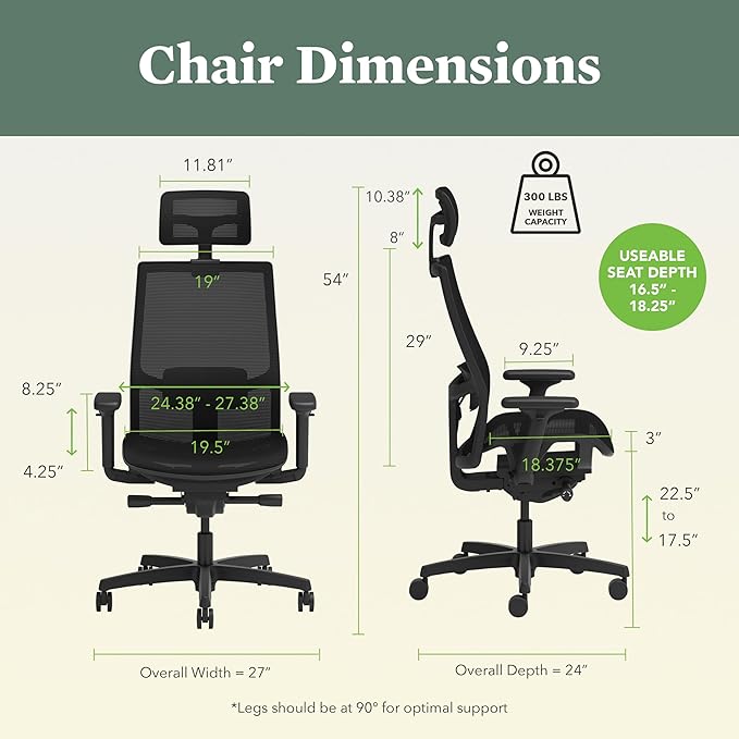 HON Ignition 2.0 Ergonomic Mesh Office Chair with Headrest - High Back Computer Desk Chair Adjustable Lumbar Support, Armrests, Seat-Depth, Synchro-Tilt Recline, 360 Swivel Rolling Wheels – Black - LeafyLoom