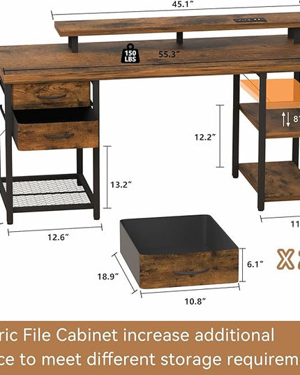 Computer Desk with Drawer and Power Outlets, Gaming Desk with LED Light, Work Desk with Shelves and PC Stand for Home Office (Rustic Brown) - LeafyLoom