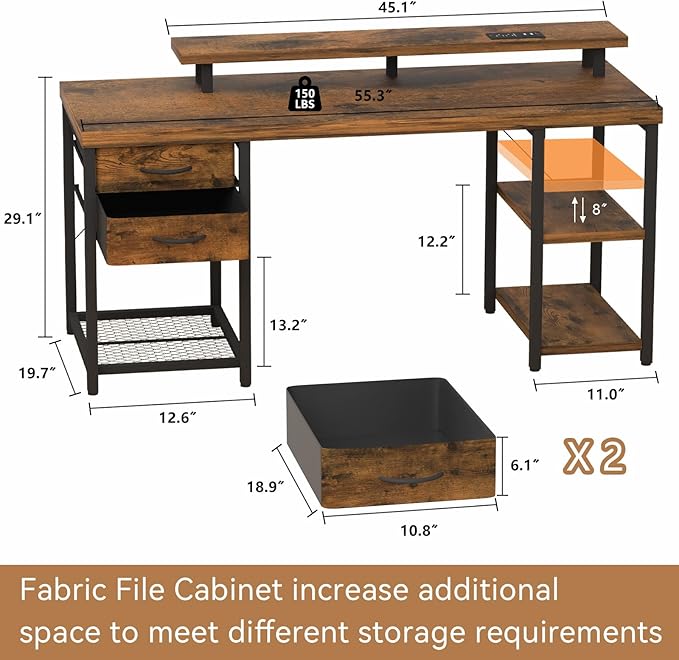 Computer Desk with Drawer and Power Outlets, Gaming Desk with LED Light, Work Desk with Shelves and PC Stand for Home Office (Rustic Brown) - LeafyLoom