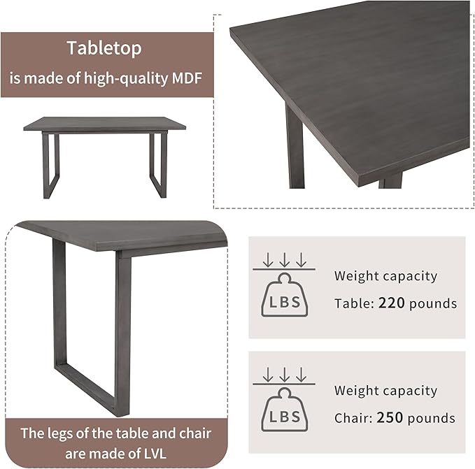 6-Piece Solid Wood Dinette Sets includes Kitchen Dining Table, 4 Upholstered Chairs & Bench, for Diningroom Living Room, Easy to Assemble, Gray 3 - LeafyLoom