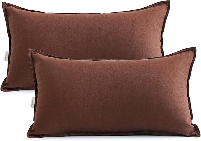 Jeanerlor Natural Cotton Linen Green Decorative 12"x20" Throw Pillow Case Cushion Cover with Twin Needles Stitch on Edge for Lumbar, (30 x 50cm), 2 Pcs, Reddish Brown - LeafyLoom