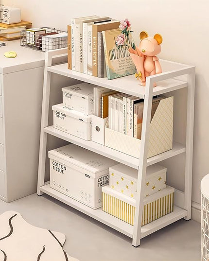 IOTXY 3-Tier Ladder Shelf Bookcase - Wooden Open Bookshelf with Metal Frame, Display Rack for Living Room, Bedroom, Kitchen, and Home Office, White - LeafyLoom