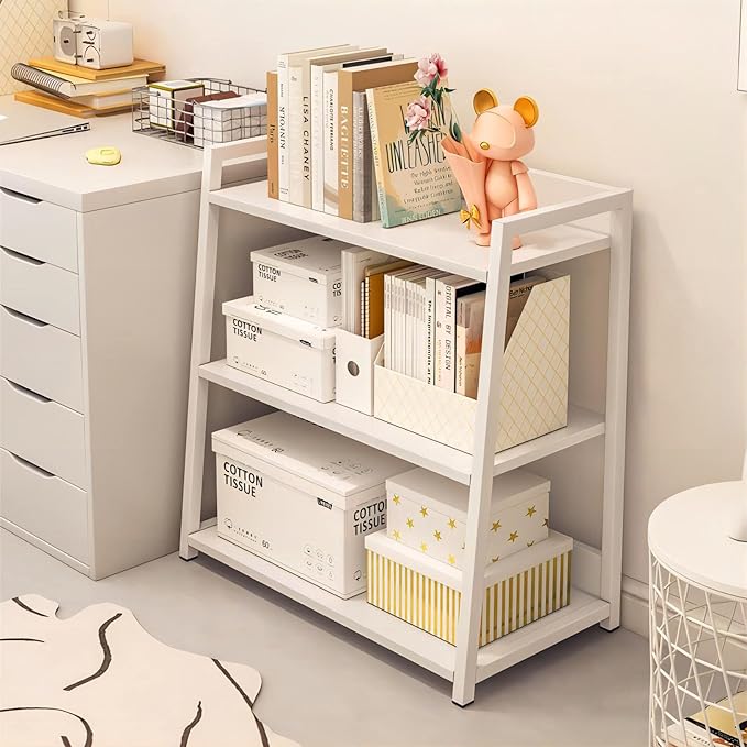 IOTXY 3-Tier Ladder Shelf Bookcase - Wooden Open Bookshelf with Metal Frame, Display Rack for Living Room, Bedroom, Kitchen, and Home Office, White - LeafyLoom