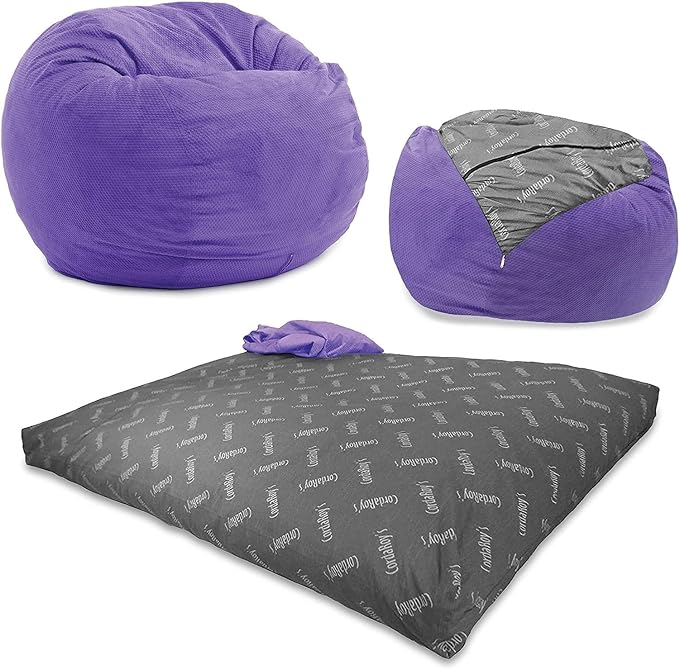 CordaRoy's Chenille Bean Bag - Convertible Bean Bag Chair & Bed - Machine-Washable Chenille Fabric Cover - for Basement, Living Room, Game Room, Dorm & More - Full Size - Very Peri Purple - LeafyLoom