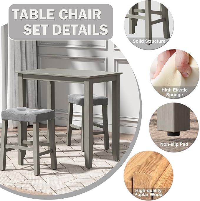 Nathaniel Home 3 Piece Table Set Counter Height Dining Furniture One Bench and Two Saddle Stools, Gray - LeafyLoom