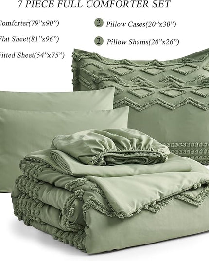 Sage Green Tufted Comforter Set Full Size 7 Piece Bed in a Bag, Shabby Chic Boho Comforter and Sheet Set, Pom Pom Textured Bed Set, All Season Soft Microfiber Complete Bedding Set(Green,Full) - LeafyLoom