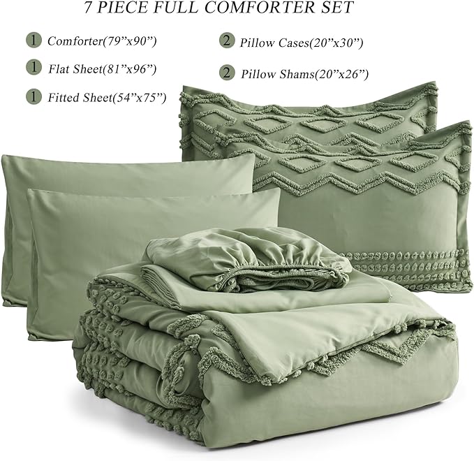 Sage Green Tufted Comforter Set Full Size 7 Piece Bed in a Bag, Shabby Chic Boho Comforter and Sheet Set, Pom Pom Textured Bed Set, All Season Soft Microfiber Complete Bedding Set(Green,Full) - LeafyLoom