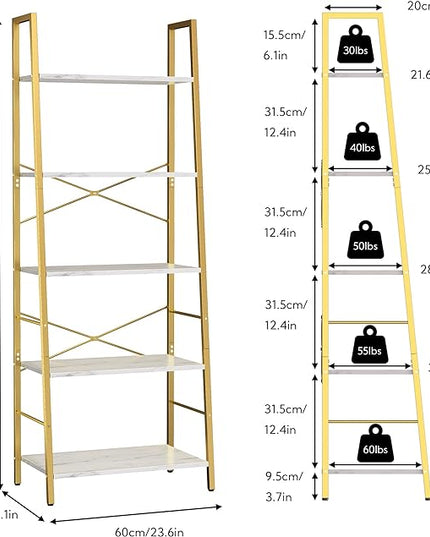 Yusong Ladder Shelf, 5-Tier Bookshelf Wood Bookcase for Living Room, Industrial Book Shelves, Tall Storage Display Rack Plant Stand for Bedoom, Home Office, Gold Metal Frame and White Marble Plank - LeafyLoom