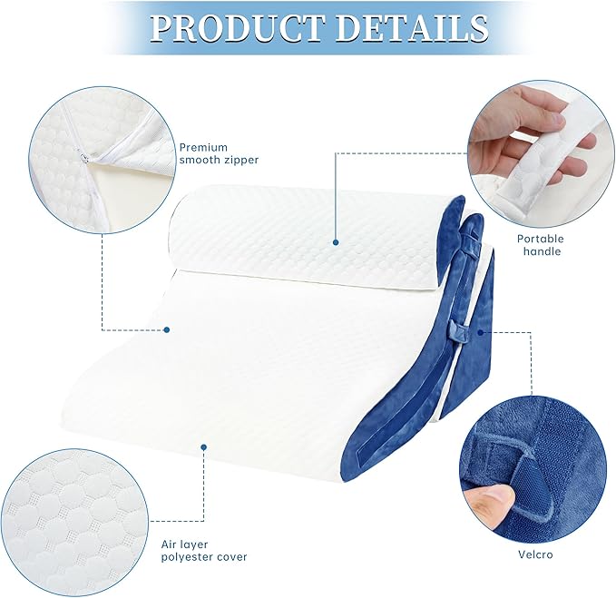 Bed Wedge Pillow for Sleeping 3PCS, 20-in-1 Adjustable Memory Foam Wedge Pillow for Acid Reflux, 3-in-1 Incline Pillow Wedge for After Surgery, Snoring, Back Pain(Navy) - LeafyLoom