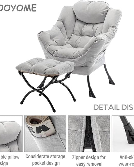 Lazy Chair with Ottoman, Modern Soft Reading Chair Accent Contemporary Lounge Leisure Sofa Chair with Armrests and a Side Pocket for Living Room, Bedroom, Dorm & Office, Light Grey - LeafyLoom