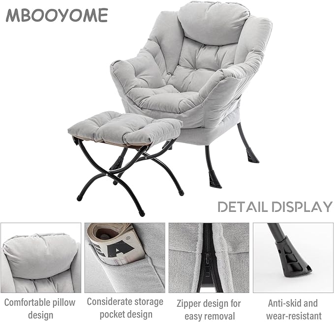 Lazy Chair with Ottoman, Modern Soft Reading Chair Accent Contemporary Lounge Leisure Sofa Chair with Armrests and a Side Pocket for Living Room, Bedroom, Dorm & Office, Light Grey - LeafyLoom