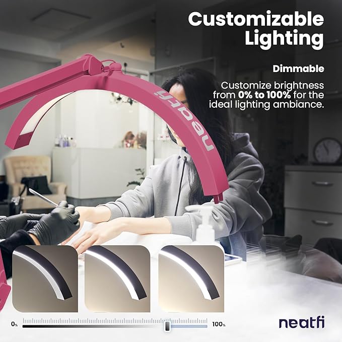 Neatfi Half Moon Swing Arm Table Lamp, 2500 Lumens, CCT Dimming, 5 Light Modes, Professional LED Lighting for Estheticians, Ideal for Nail Art, Facials, and Tattoos (with Base and Clamp, Pink) - LeafyLoom