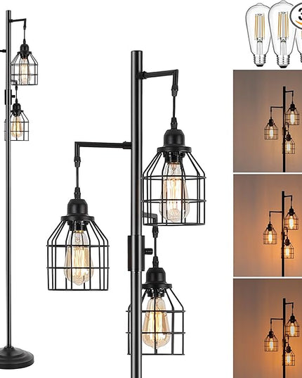 9MMML Floor Lamp for Living Room, Farmhouse Industrial Dimmable Floor lamp,3 Lights Metal Cage Tree Standing Lamp,68", 3Pcs Led Bulbs Included - LeafyLoom