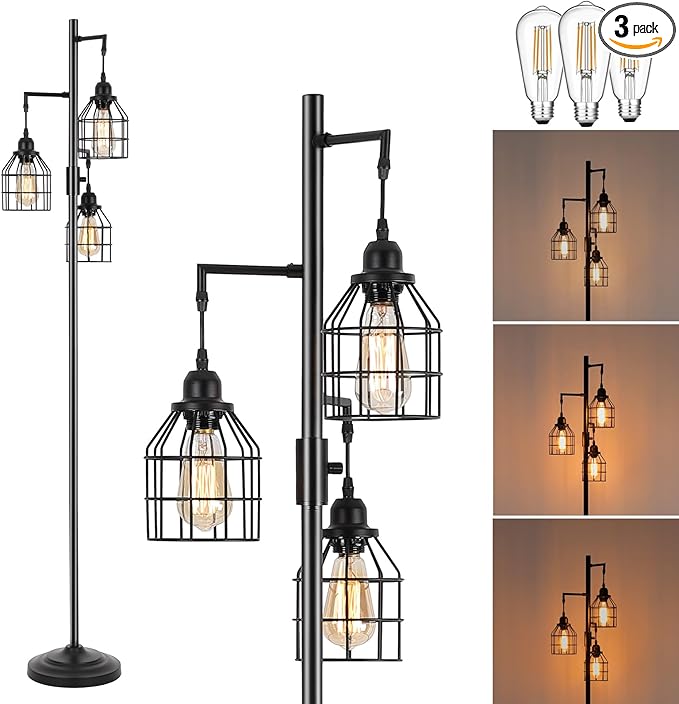 9MMML Floor Lamp for Living Room, Farmhouse Industrial Dimmable Floor lamp,3 Lights Metal Cage Tree Standing Lamp,68", 3Pcs Led Bulbs Included - LeafyLoom