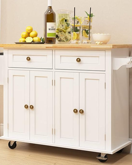 soges Rolling Kitchen Island Cart with Storage, Wood Trolley Cart with Spice and Towel Rack, Mobile Kitchen Storage Cabinet Island Table on Wheels, Serving Cart with Cabinet and Drawers,FZSR-HT01WT - LeafyLoom