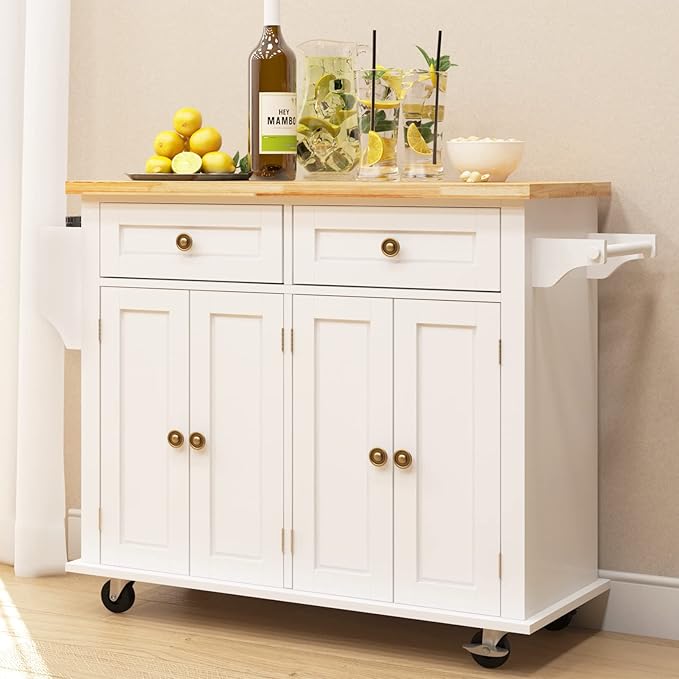 soges Rolling Kitchen Island Cart with Storage, Wood Trolley Cart with Spice and Towel Rack, Mobile Kitchen Storage Cabinet Island Table on Wheels, Serving Cart with Cabinet and Drawers,FZSR-HT01WT - LeafyLoom