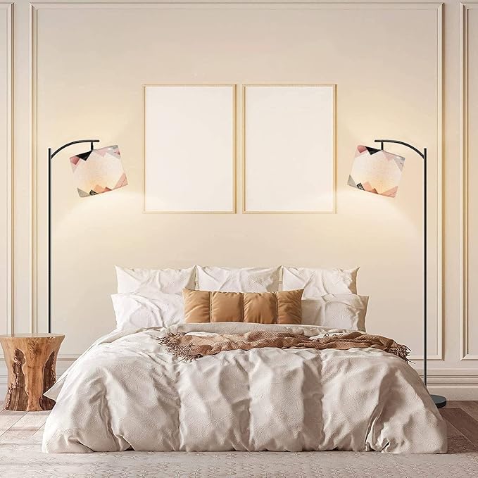 Modern Arc Floor Lamp with Dimmer Mid Century Marble Rose Trendy Minimalist Geometric Style Stone foil Glitter Metal Standing Lamp with Linen Shade Footswitch for Living Room Bedroom Office - LeafyLoom