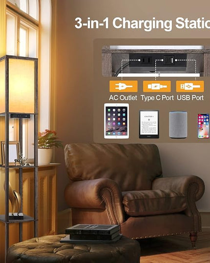 OUTON Floor Lamp with Shelves, Dimmable Shelf Floor Lamp with 1 USB & 1 Type C Ports, 1 Power Outlet, Modern Standing Lamp with 4 Color Temperature for Living Room, Bedroom, Dark Grey - LeafyLoom