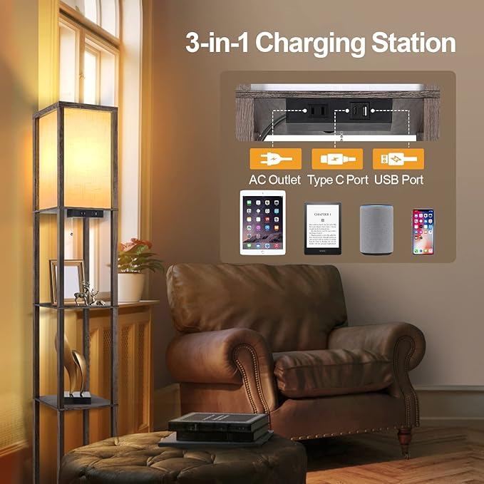 OUTON Floor Lamp with Shelves, Dimmable Shelf Floor Lamp with 1 USB & 1 Type C Ports, 1 Power Outlet, Modern Standing Lamp with 4 Color Temperature for Living Room, Bedroom, Dark Grey - LeafyLoom