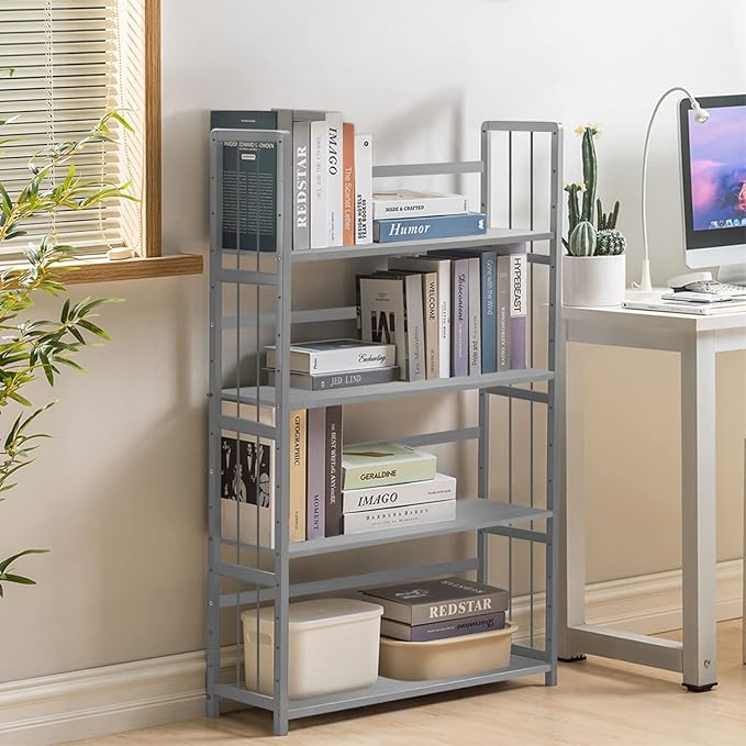 IOTXY Adjustable Bamboo Open Bookshelf - Medium 4-Tier Free Standing Storage Rack, Multifunctional Display Stand for Home and Office, Bookcase, Light Grey - LeafyLoom