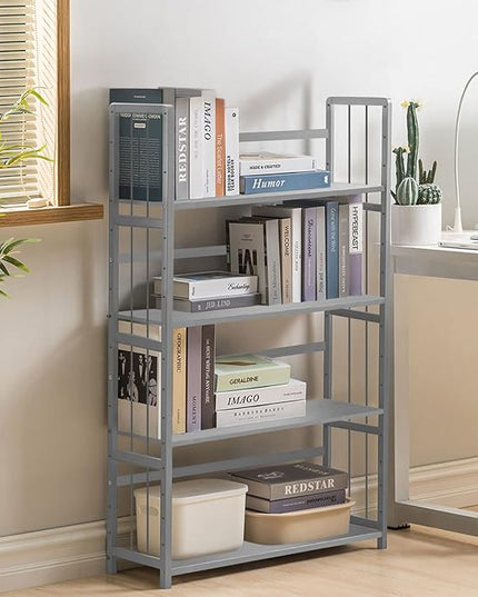 IOTXY Bamboo Open Bookshelf - Large 5-Tier Free-Standing Storage Rack, Multifunctional Display Stand for Bookcase, Office and Home, Light Grey - LeafyLoom