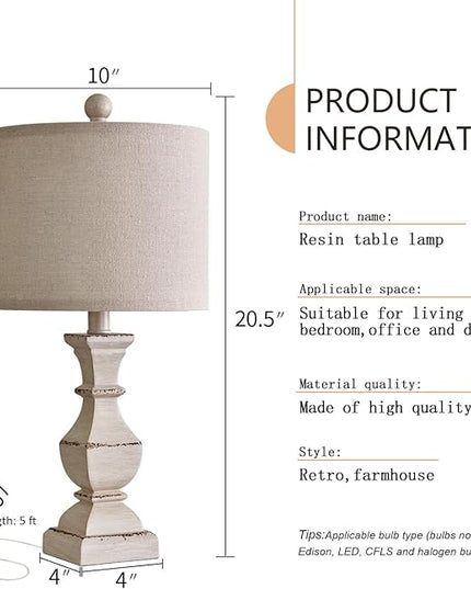 PoKat 20.5" Farmhouse Table Lamp, Vintage Bedside Lamps for Bedroom, Rustic Small End Table Lamps for Living Room, Traditional Nightstand Desk Lamps Distressed Washed White, Suitable for Small Place - LeafyLoom