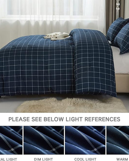 Andency Navy Grid Comforter Set Twin Size (66x90 Inch), 2 Pieces(1 Grid Comforter and 1 Pillowcase), Summer Lightweight Microfiber Down Alternative Navy Comforter with White Lines for Kids Girls - LeafyLoom