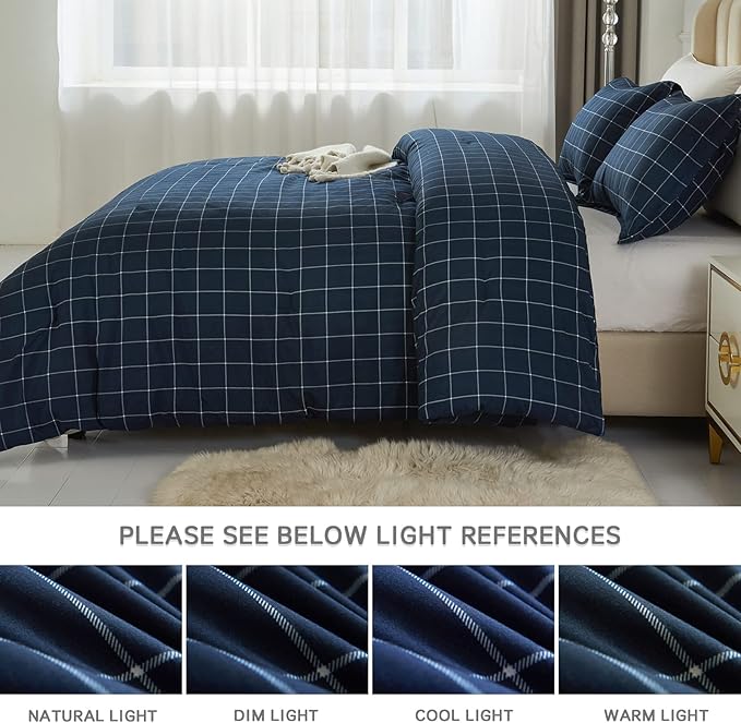 Andency Navy Grid Comforter Set Queen Size (90x90 Inch), 3 Pieces(1 Grid Comforter and 2 Pillowcases), Summer Lightweight Microfiber Down Alternative Navy Comforter with White Lines - LeafyLoom